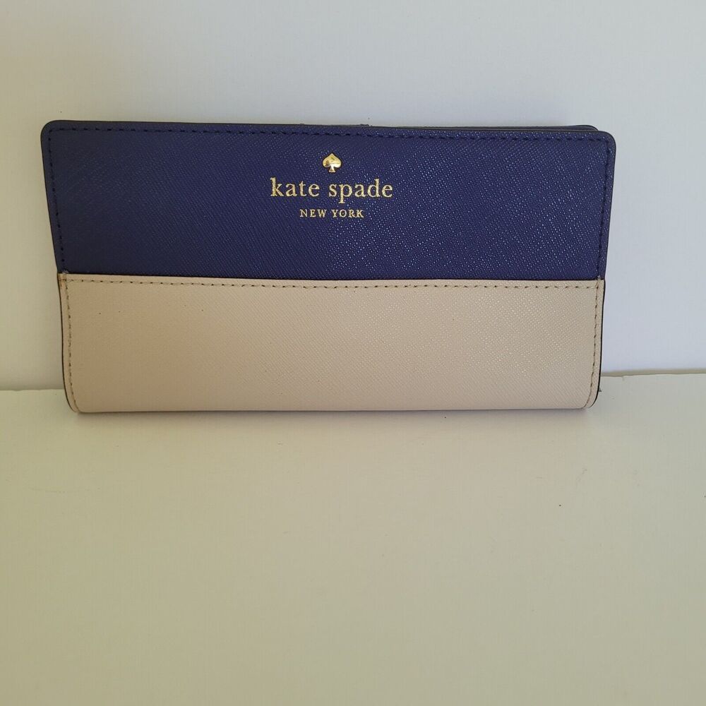 Kate Spade Clutch Wallet Blue Gray Geniue Saffiano Leather Logo Large Bifold